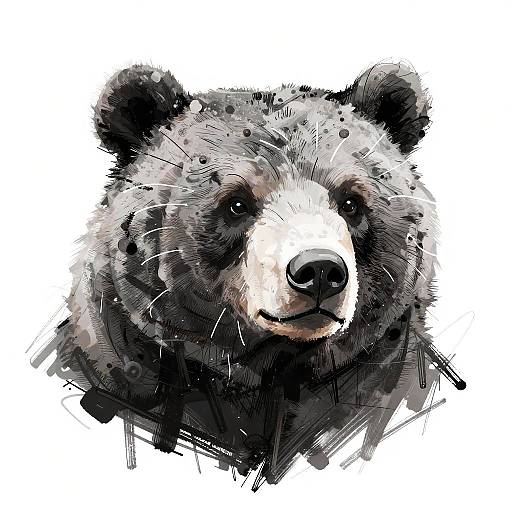 Digital drawing of a black and white bear with textured, brushstroke-style fur, dark eyes, and a slightly open mouth, set against a white background
