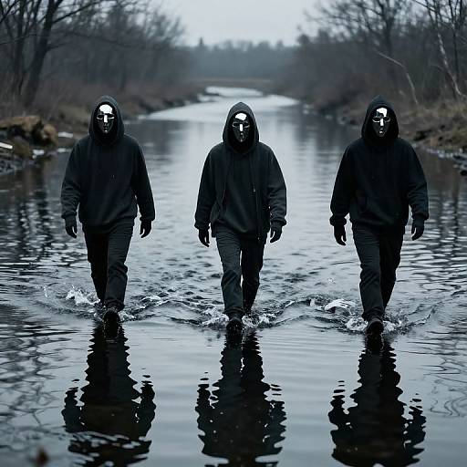 Photograph of three masked men in black hoodies and pants walking through a flooded, reflective river, with bare trees in the background.