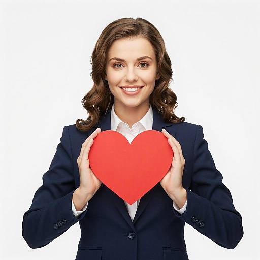 Photograph of a smiling woman with wavy brown hair, wearing a navy blue suit and white shirt, holding a large red heart against a white background