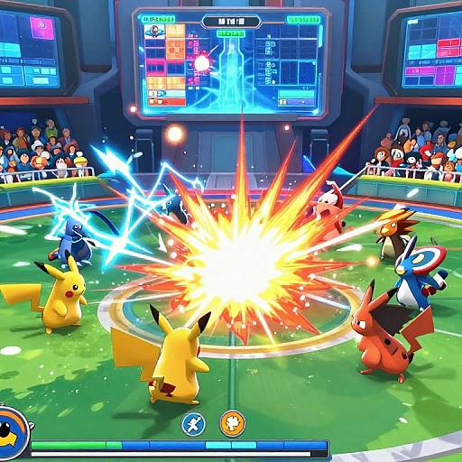 Digital illustration of a Pokémon battle arena: Pikachu, Raichu, Lucario, Zangoose, and Flareon clash in a bright explosion