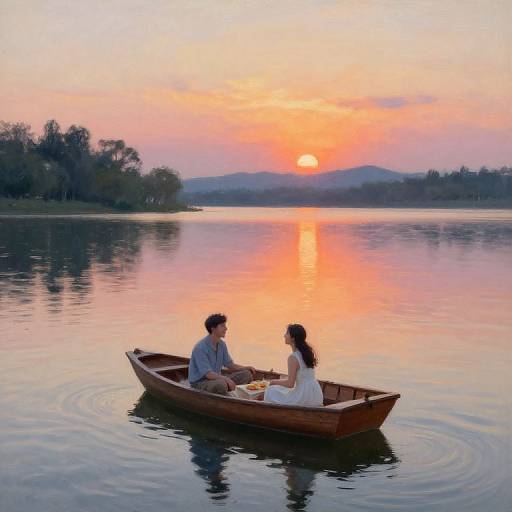 Photograph of a couple in a wooden rowboat on a calm, reflective lake at sunset, sharing a meal, with a pink-orange sky and distant