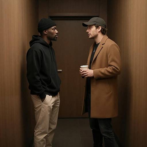 Dim Wooden Hallway Conversation Between Men