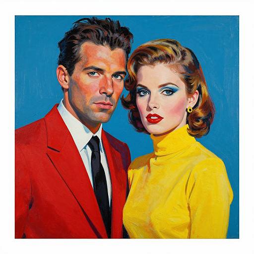Digital illustration of a handsome man in a red suit and tie, and a beautiful woman with red lipstick and yellow turtleneck, standing close against a