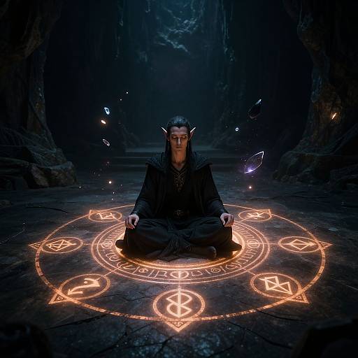 Digital artwork of a horned, dark-robed figure meditating on a glowing, intricate magical circle in a dimly lit, cavernous setting.