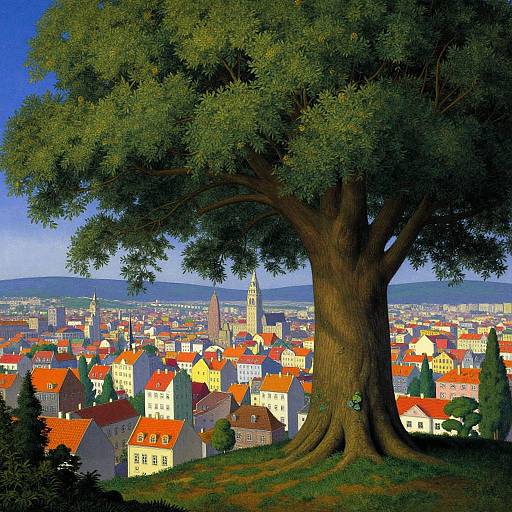 Vibrant digital painting of a European town with red-roofed houses, a tall church steeple, and a large tree in the foreground