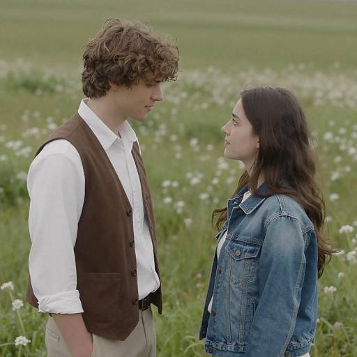 Photograph of a curly-haired young man in a brown vest and white shirt, standing in a field of white flowers, looking at a young woman with