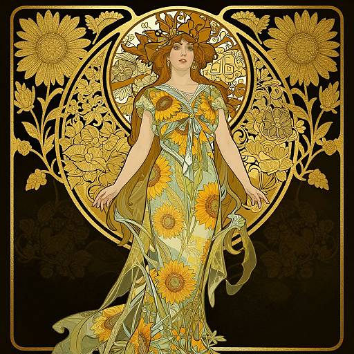 Art Nouveau-style digital illustration of a fair-skinned woman with curly brown hair, wearing a sunflower-patterned dress, framed by golden floral designs
