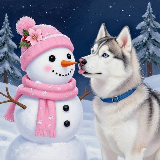 Albino Husky and Snowman on Winter Night