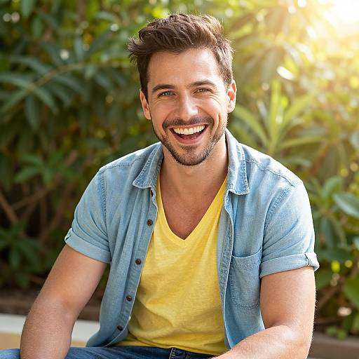 Photograph of smiling, bearded man with short brown hair, wearing blue denim shirt over yellow V-neck T-shirt, sitting outdoors with lush green foliage