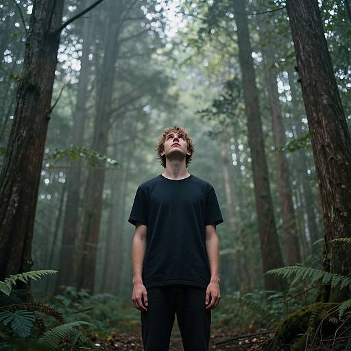 Photograph of a young man with curly brown hair, wearing a black t-shirt and pants, standing in a misty forest. Tall trees and fern
