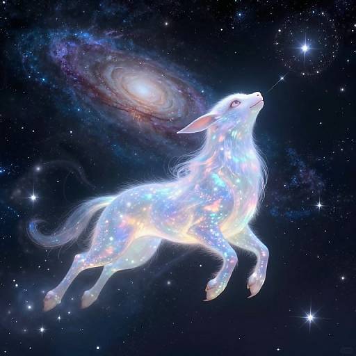 Digital artwork of a glowing, ethereal unicorn with sparkling fur, leaping through a starry night sky, accompanied by a swirling galaxy.