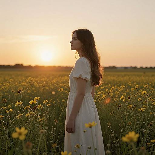 Woman in Sunset Wildflower Field