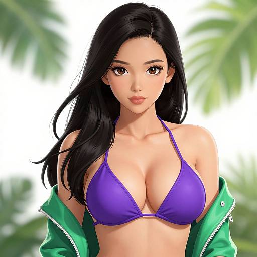 Digital anime-style drawing of a beautiful Asian woman with long black hair, wearing a purple bikini top, green jacket off shoulders, against a blurred tropical background