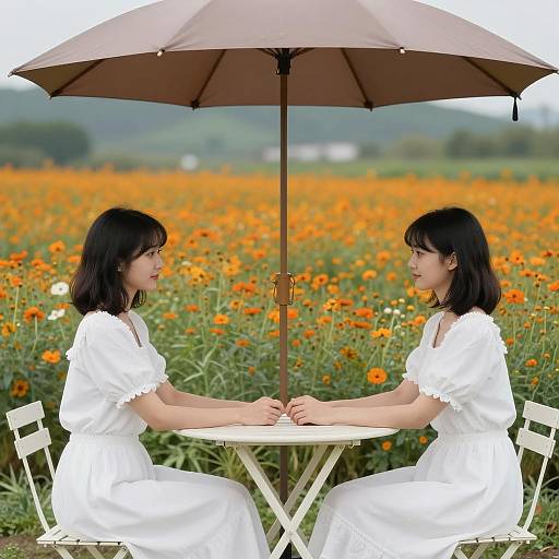 Two Women in White Dresses at Floral Outdoor Table
