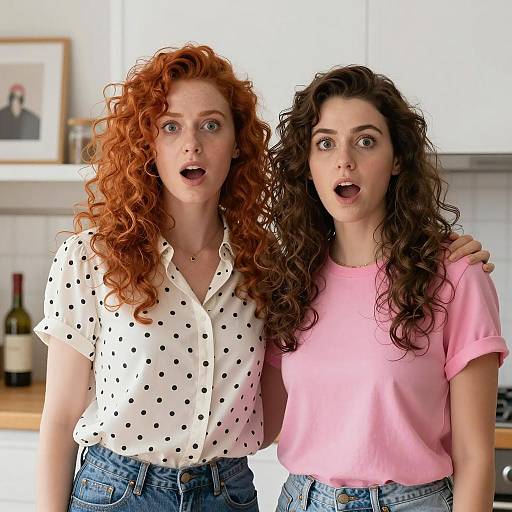 Surprised Friends in a Cozy Kitchen