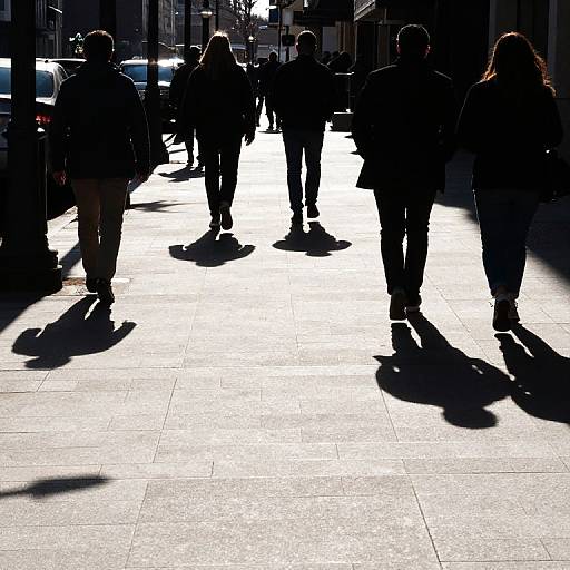 Photograph of silhouetted pedestrians walking on sunlit urban street, casting long shadows on textured pavement, with buildings and cars in background.