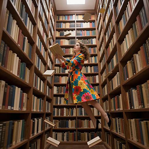 Photograph of a woman in a colorful floral dress and black heels, mid-leap between bookshelves, holding books, in a library aisle.