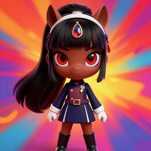 Chibi-style anthropomorphic horse girl with dark brown skin, red eyes, black hair, white headband, red gem, navy uniform, white gloves