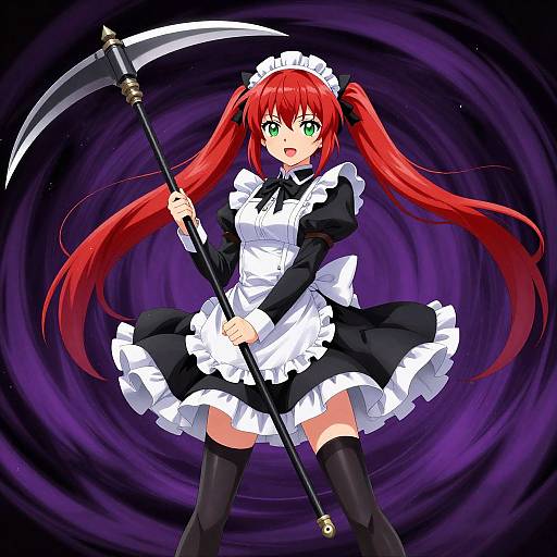 Anime-style digital drawing of a red-haired maid with green eyes, holding a scythe, wearing a black and white frilled outfit, against a swirling