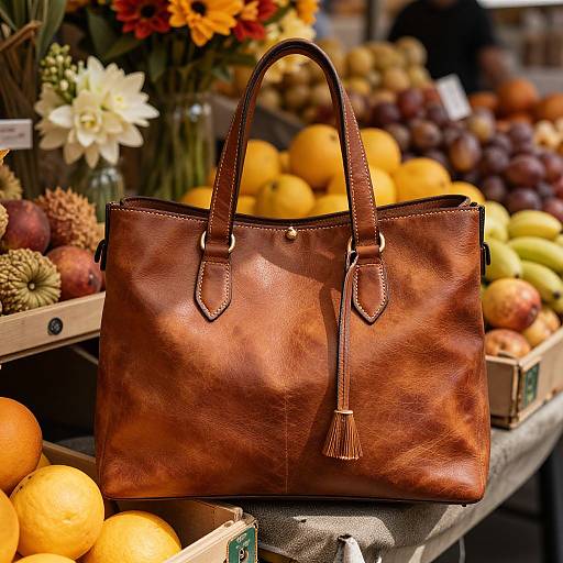 Photograph of a rich brown leather handbag with a tassel, displayed on a market table with vibrant fruits and flowers.