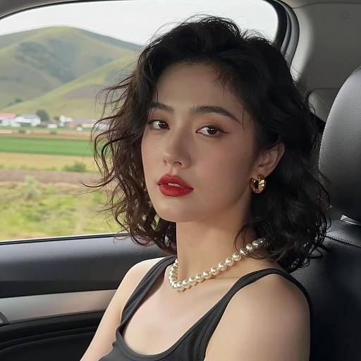 Woman with Pearl Necklace in Car