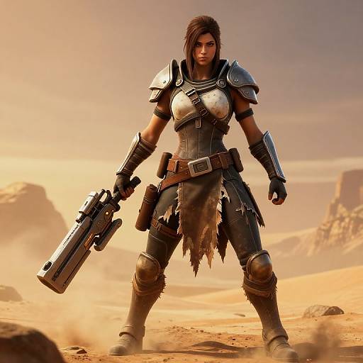 Digital art of a fierce, muscular woman with dark hair, wearing rugged armor and holding a large gun in a desert landscape.