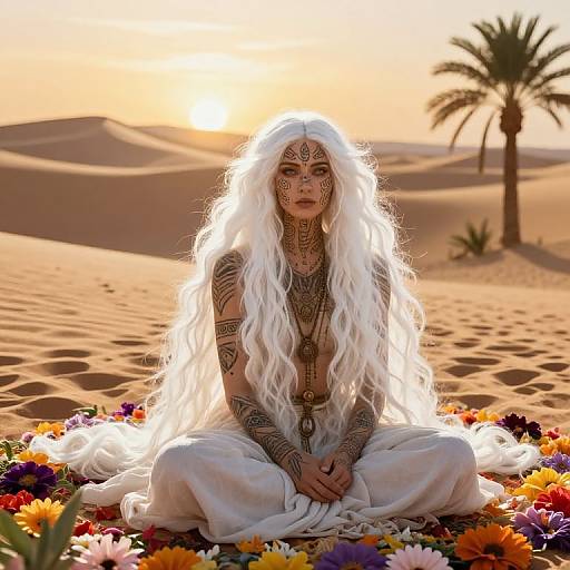 Digital artwork of a tattooed, white-haired woman with intricate facial patterns, sitting cross-legged in a desert, surrounded by colorful flowers at sunset, with
