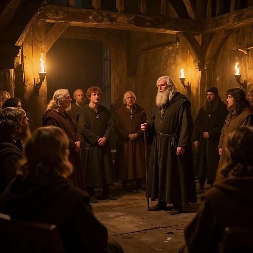 Photograph of a medieval-style gathering with elderly, bearded men in dark robes, illuminated by warm wall sconces in a wooden, dimly