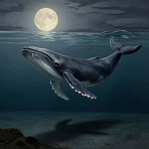 Digital illustration of a large humpback whale swimming under a full moonlit ocean, with detailed textures and shadows, creating a mystical, nocturnal underwater