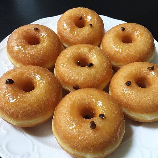Photograph of nine golden-brown sugar-coated donuts with small dark chocolate chips, arranged on a white plate against a black background.