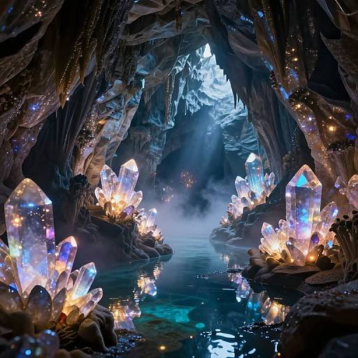 Photorealistic digital art of a glowing crystal cave with luminous, multicolored crystals illuminating a misty, reflective water stream.