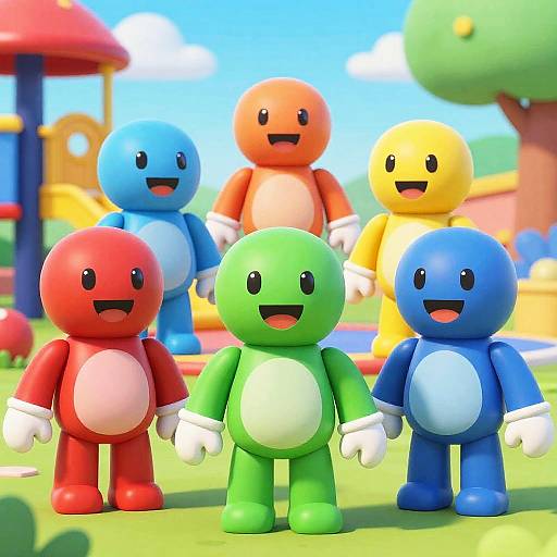 Bright CGI image of six colorful, round-headed, cartoon robots with white gloves and chest patches, standing in a vibrant, playground-like background.