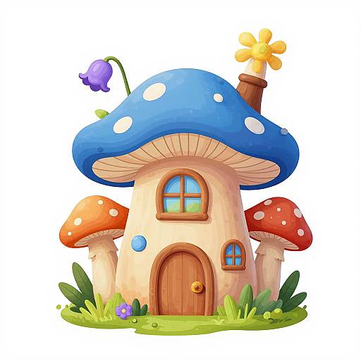 Whimsical cartoon mushroom house with a blue-spotted roof, red polka-dot mushrooms, wooden door, flower accents, and colorful windows.