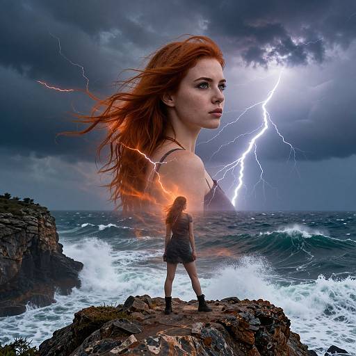 Digital artwork of a red-haired woman with intense gaze, lightning behind her, standing on rocky cliff, ocean waves crashing, silhouette of herself in front.
