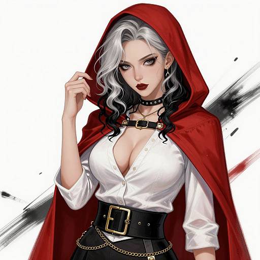 Digital art of a sexy, pale-skinned woman with white-black wavy hair, red hood, white blouse, black belt, and red cape.