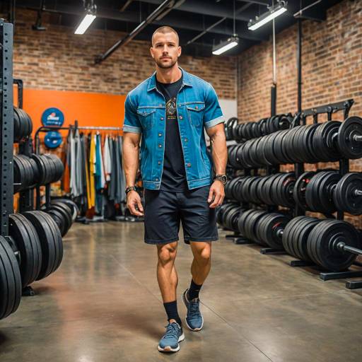 Muscular Man in Denim Jacket at Gym