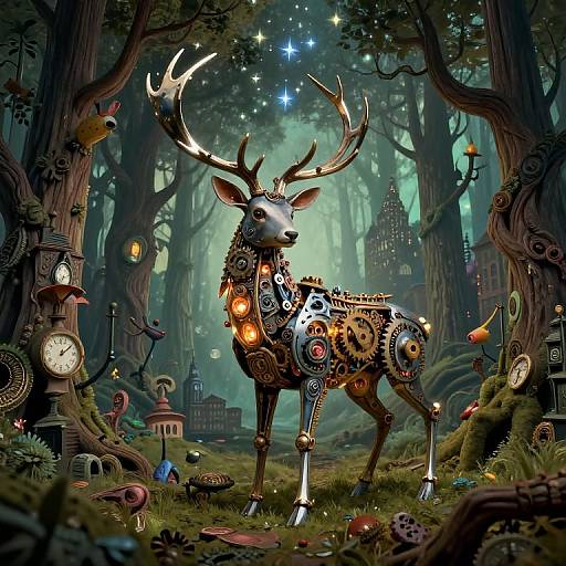 Fantastical forest scene: a mechanical deer with glowing gears and antlers stands among enchanted trees, whimsical clocks, and fairy lights.