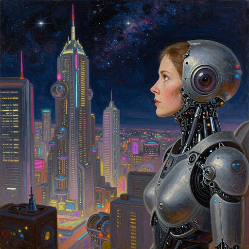 Digital art: Cybernetic woman with silver robotic head and shoulders gazes at a neon-lit, futuristic cityscape under a starry night sky