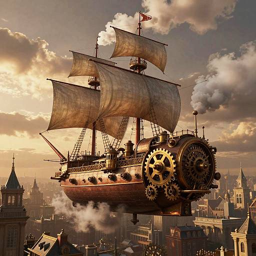 Photorealistic digital artwork of a steam-powered, Victorian-era airship with massive gears and billowing smoke, soaring above a historic cityscape at sunset