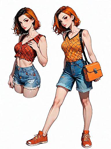 Realistic Comic-Style Woman in Orange Plaid