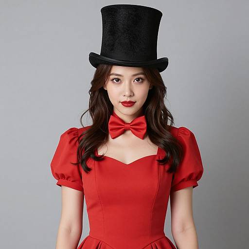 Photograph of an Asian woman with long black hair, wearing a red puffed-sleeve dress, black top hat, and red bow tie,