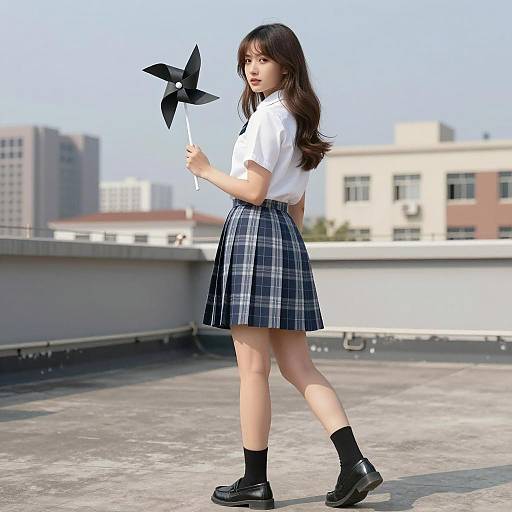 Asian Woman in School Uniform Holding Windmill
