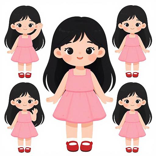 Digital cartoon of a cute, black-haired Asian girl in a pink dress and red shoes, shown in five different poses.