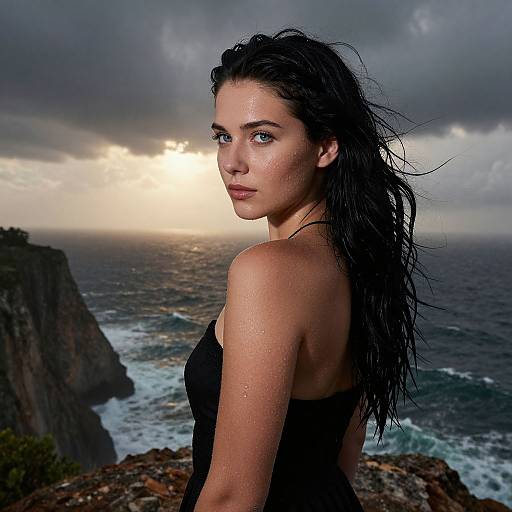 Photograph of a wet, dark-haired woman with blue eyes, wearing a black strapless top, standing on a rocky cliff at sunset, ocean and