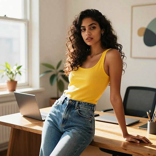 Photograph of a curly-haired woman in a yellow tank top and blue jeans, leaning on a sunlit wooden desk with a laptop in a bright,