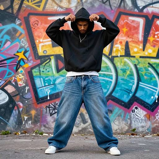 Photograph of a young Black man with hoodie, blue jeans, and white sneakers, standing confidently in front of colorful graffiti wall.
