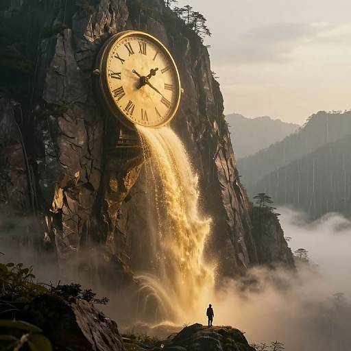 Fantasy digital art of a giant clock embedded in a rocky cliff, water pouring from its center, silhouetted figure below.