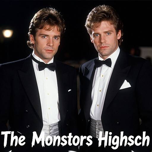 Photograph of two handsome men in black tuxedos with white shirts and black bow ties, standing side by side, text 