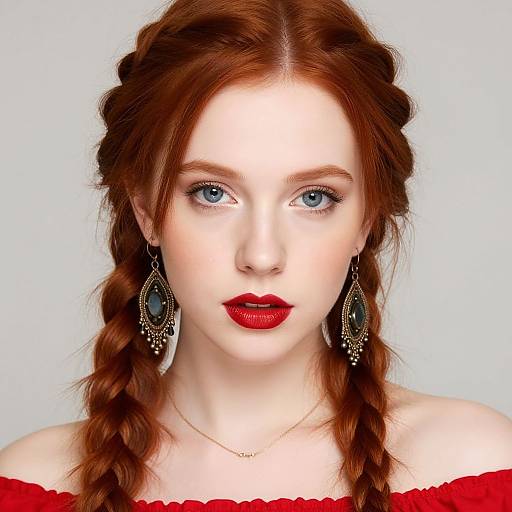 Photograph of a pale-skinned, red-haired woman with blue eyes, wearing red lipstick, off-shoulder red top, and black teard