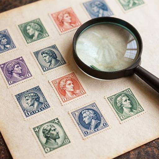 Photograph of a magnifying glass over a beige paper with colorful, vintage-style portrait stamps in blue, red, green, and purple.